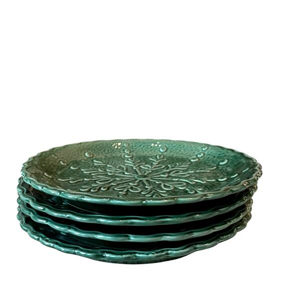 Potter's Studio Snowflake Salad Plates 7.5" Holiday Green Ceramic Set of 4 New - Picture 4 of 15